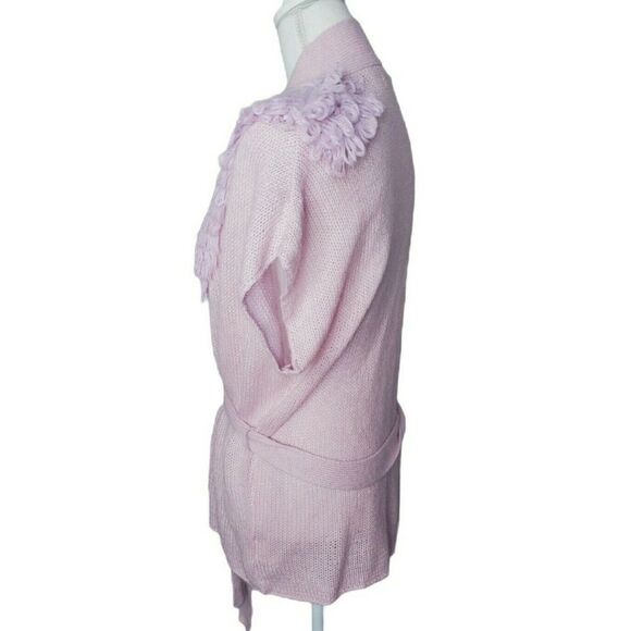 Rebecca Moses Mohair Blend Tie Waist Cardigan Cap Sleeve Fringe Lavender Large - Picture 3 of 5
